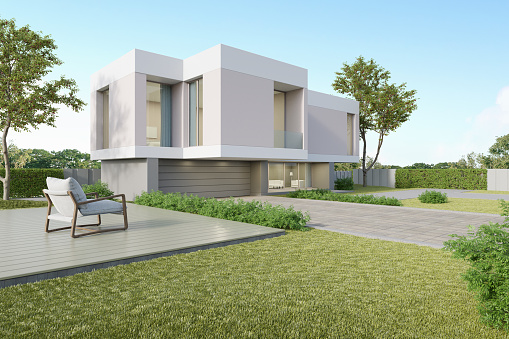 3d rendering of white luxury house with garage and garden, Modern architecture design.