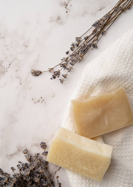istock Handmade soap bars on marble background with lavender 1393988480