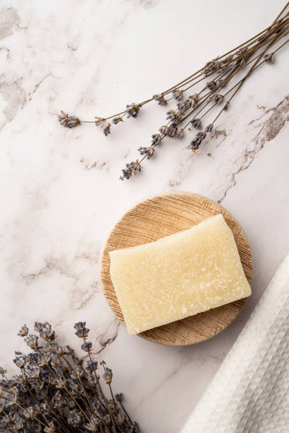 istock Handmade soap bars on marble background with lavender 1393991177