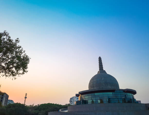 buddha stupa with bright colorful evening sky at dusk from different angle