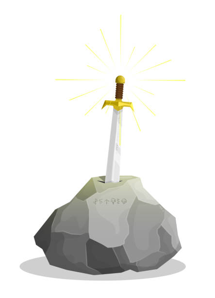legendary sword Excalibur sticks out of stone. Test of King Arthur, search for worthy ruler of kingdom. Cartoon vector isolated on white background legendary sword Excalibur sticks out of stone. Test of King Arthur, search for worthy ruler of kingdom. Cartoon vector isolated on white background arthurian legend stock illustrations