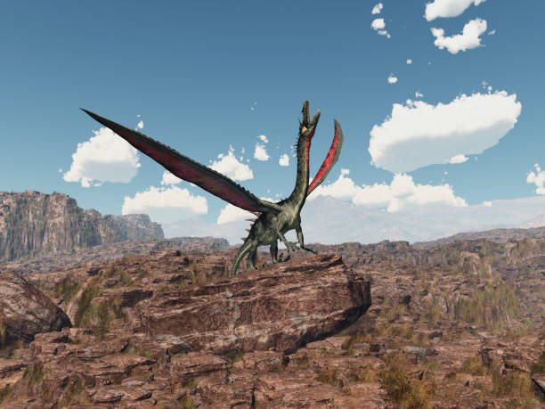istock Dragon on a rock in a mountain landscape 1393992192