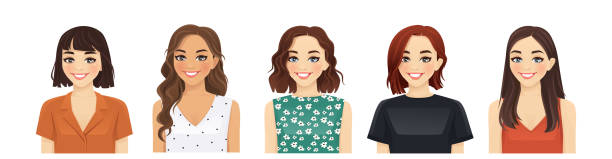 Group of women Portrait of casual women with different hairstyles and outfits isolated vector illustration hair length stock illustrations