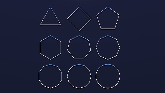 The Geometric neon shapes. Geometric shaped signs. Geometry design. 3D render illustration.