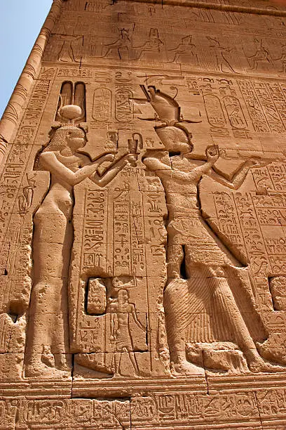 The only carving of Cleopatra in existence, pictured with her son by Julius Caesar, Caesarion, at the Temple of Hathor, Dendara in Egypt
