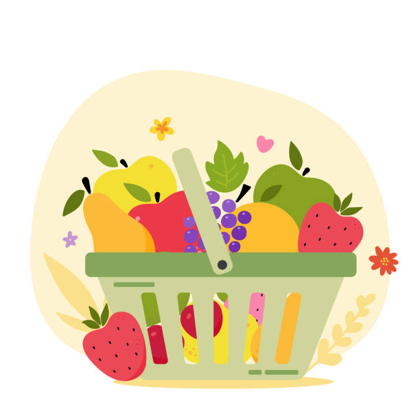 ilustrações de stock, clip art, desenhos animados e ícones de green supermarket shopping basket full of fruits. grocery store. cartoons style vector - market fruit strawberry farmers market