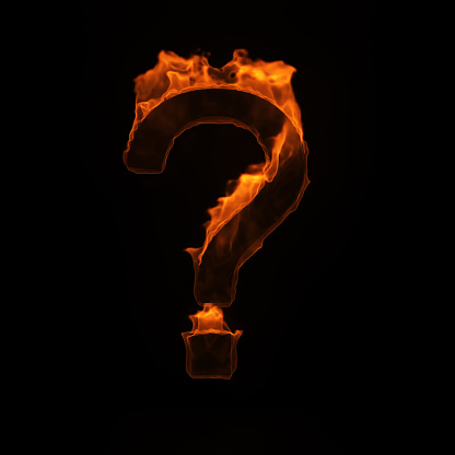 burning question mark symbol on black background. 3d rendering