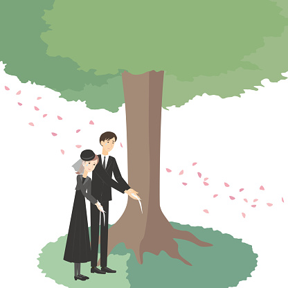 It is an illustration of a young couple doing a tree burial.