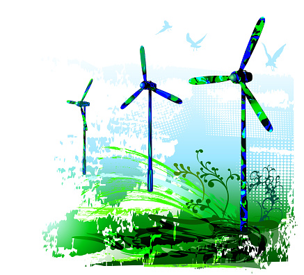 Wind turbines, alternative green ecological energy. Windmill power generating electricity, ecologic generation renewable farm electricity.
