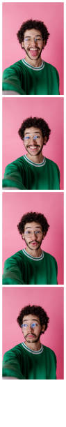 Silly Selfies A vertical composite image of portraits of a young man looking at the camera, smiling and making faces while standing in front of a pink background. The image has been made into a passport photo strip. id photo stock pictures, royalty-free photos & images