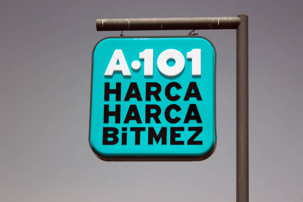 Logo of A101, a Turkish retail company operating the network of discount stores offering  basic food items and consumer goods. stock photo