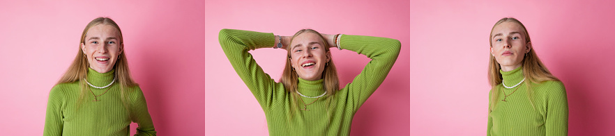 A horizontal composite portrait image of a teenage male looking at the camera while showing different expressions, on one image he has his arms behind his head. He is standing in front of a pink background.
