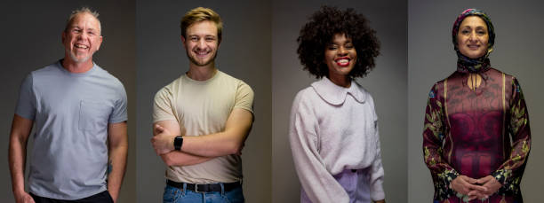 A Happy Community A composite image of portraits of people of different ages and ethnicities standing in front of a grey background in a studio. They are looking at the camera and smiling. religious dress stock pictures, royalty-free photos & images