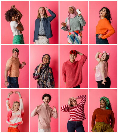 A composite image of portraits of people of different ages and ethnicities standing in front of a pink background in a studio. They are looking at the camera and showing different expressions.