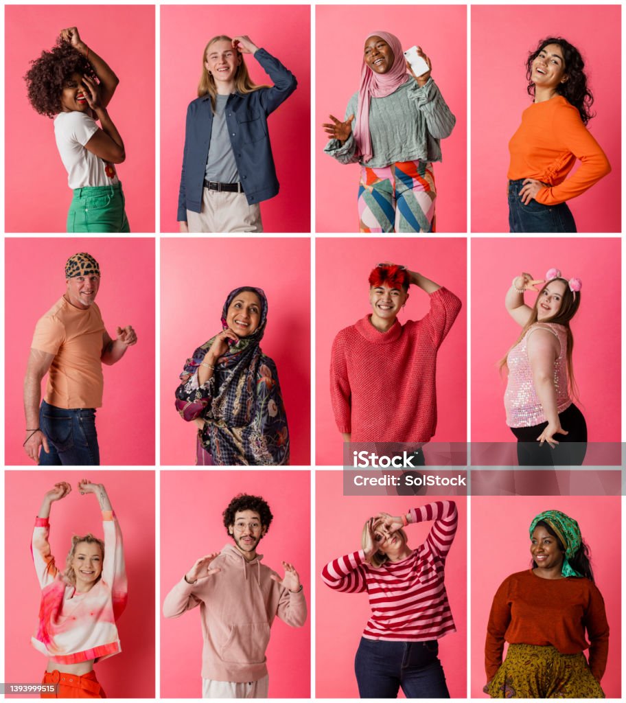Express Yourself! A composite image of portraits of people of different ages and ethnicities standing in front of a pink background in a studio. They are looking at the camera and showing different expressions. Colored Background Stock Photo