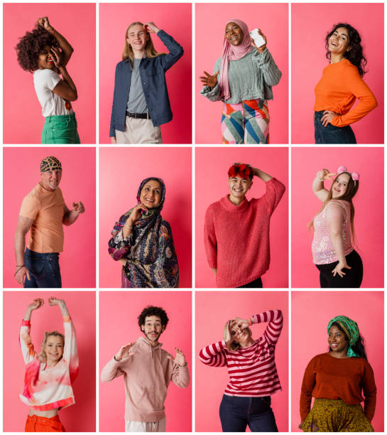 Express Yourself! A composite image of portraits of people of different ages and ethnicities standing in front of a pink background in a studio. They are looking at the camera and showing different expressions. group of people photos stock pictures, royalty-free photos & images