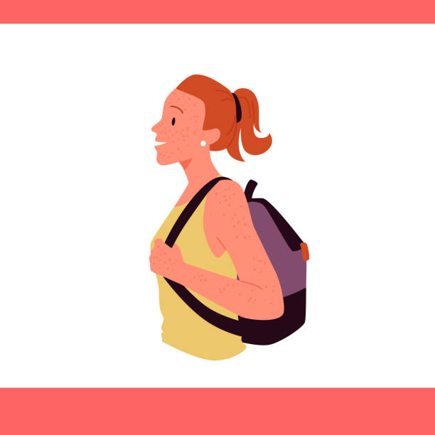 Young woman with cute freckles on face, body skin, red hair girl standing with backpack Young woman with cute freckles on face and body skin vector illustration. Cartoon portrait of teenage girl with backpack and red hair, funny female character standing with smile. Youth concept freckle stock illustrations
