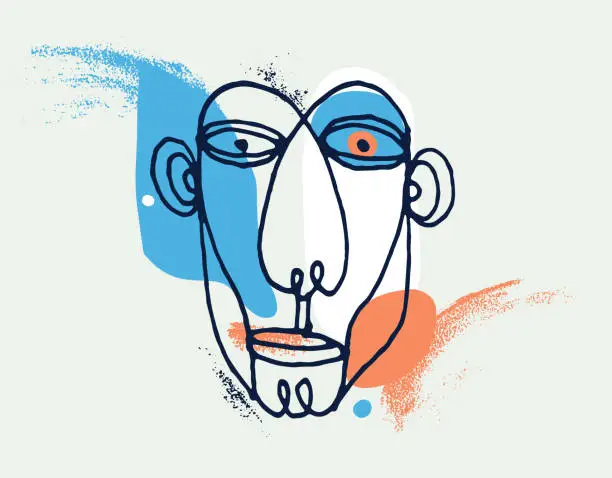 Vector illustration of Abstract face vector portrait, abstraction art man head, hand drawn minimal modern artwork, painted human facial abstraction.