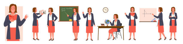 kobiece postacie nauczycielskie z różnymi zestawami póz, kobieta trzymająca wskaźnik i książkę - education classroom advice mathematics stock illustrations