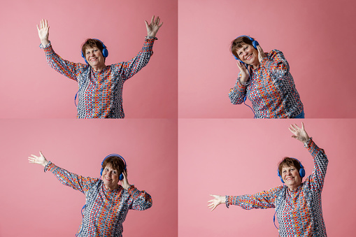 A composite image of portraits of a senior woman wearing headphones and dancing to the music she is listening to while looking at the camera and smiling. She is standing in front of a pink background.