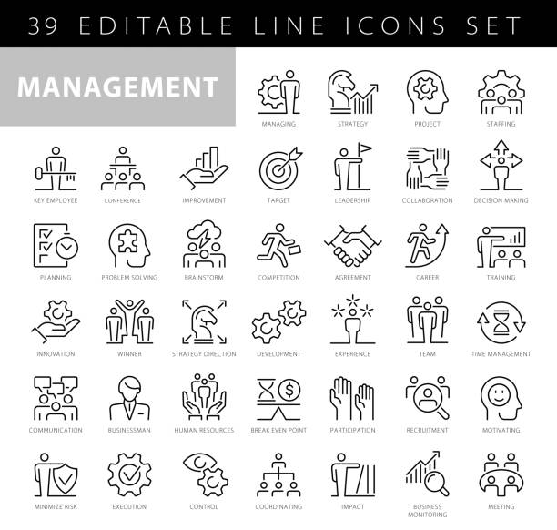management thin line icons - bearbeitbarer strich - strich icon stock-grafiken, -clipart, -cartoons und -symbole