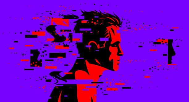 Man profile with glitch dynamic particles in motion vector illustration, mindfulness philosophical and psychological theme, neural network, technology or psychology concept. Man profile with glitch dynamic particles in motion vector illustration, mindfulness philosophical and psychological theme, neural network, technology or psychology concept. egocentric stock illustrations