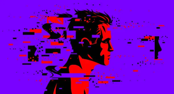 Vector illustration of Man profile with glitch dynamic particles in motion vector illustration, mindfulness philosophical and psychological theme, neural network, technology or psychology concept.