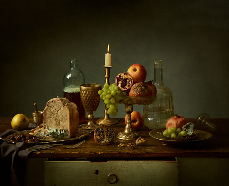 Still Life Food Scene with moulded food and Wine. Dutch masters like photography.
