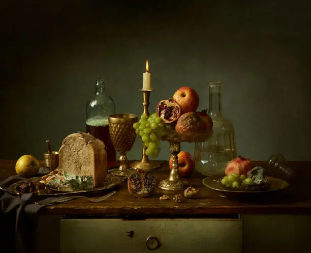 Photo of Still Life Food Scene with moulded food and Wine. Dutch masters like photography.