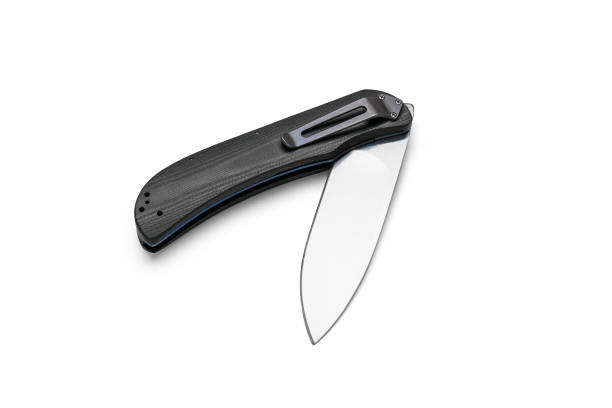 istock Folding knife with black handle and blue titanium liner lock, isolated on white background with reflection 1394002593