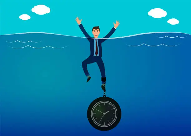 Vector illustration of Man drowns because of time