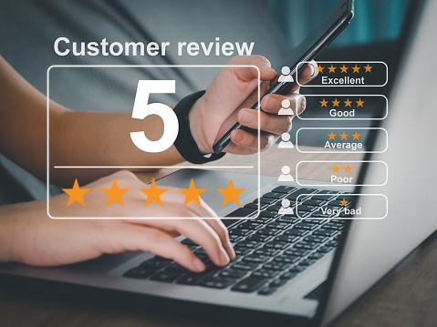 reviews customer opinions Satisfaction Survey Concept Users rate the service experience in the online application. on the virtual screen The rating is the highest, five stars.