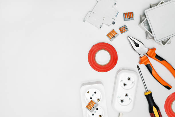 istock electrician equipment and tools on white background with copy space. top view. 1394005385