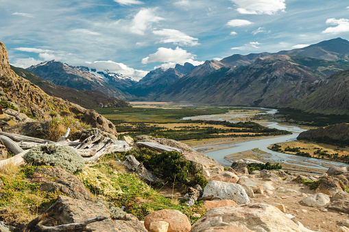 Overview of the valley with the Las Vueltas river near El Chaltén, Patagonia, Argentina. This a view from the Fitz Roy hiking trail. Los Glaciares National Park