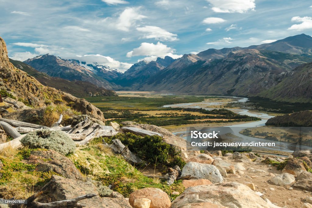 Overview of the valley near El Chaltén, Patagonia, Argentina Overview of the valley with the Las Vueltas river near El Chaltén, Patagonia, Argentina. This a view from the Fitz Roy hiking trail. Los Glaciares National Park Mountain Stock Photo