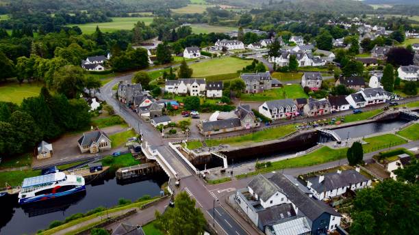 Fort Augustus, Scotland A stunning aerial shot of the Highland village of Fort Augustus which sits at the end of the world famous Loch Ness, Scotland. fort augustus stock pictures, royalty-free photos & images