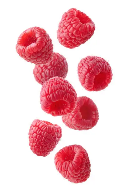 Various falling fresh ripe raspberries isolated on white background, vertical composition