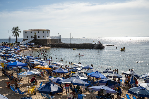 Salvador, Brazil - January 6, 2022: beach Porto da Barra with crowd of people relaxing under parasols, in the background Marina Museum of Salvador