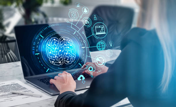 istock Businesswoman in suit is typing on laptop with digital interface 1394009208
