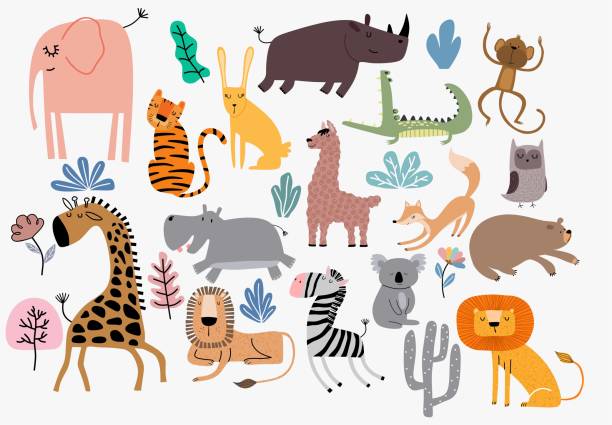 かわいいジャングル動物ベクターセット - rhinoceros点のイラスト素材／クリップアート素材／マンガ素材／アイコン素材