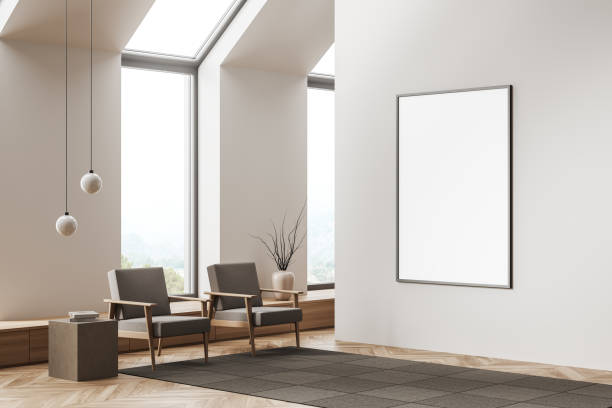 istock Corner view on bright living room interior with empty poster 1394009396