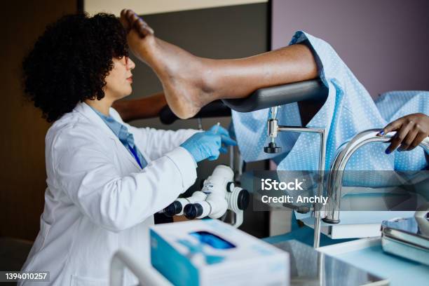 Female Gynecologist Doctor Obtaining A Cervical Smear Stock Photo - Download Image Now