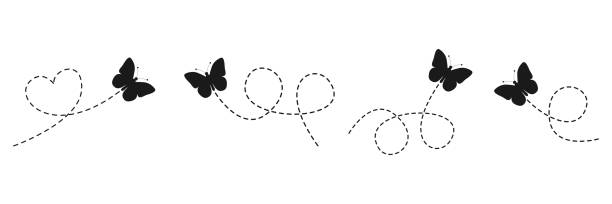 ilustrações de stock, clip art, desenhos animados e ícones de butterflies silhouettes set. - summer backgrounds line art butterfly