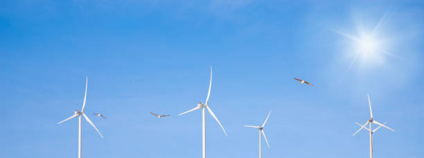 istock wind turbine in the wind with blue sky in background under sun light 1394010910