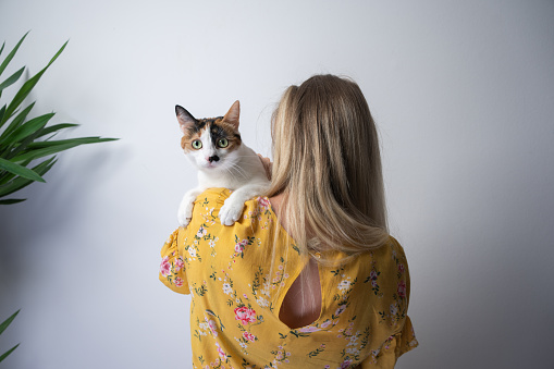 rear view of young blond woman wearing yellow dress with floral pattern carrying cute calico cat on shoulder