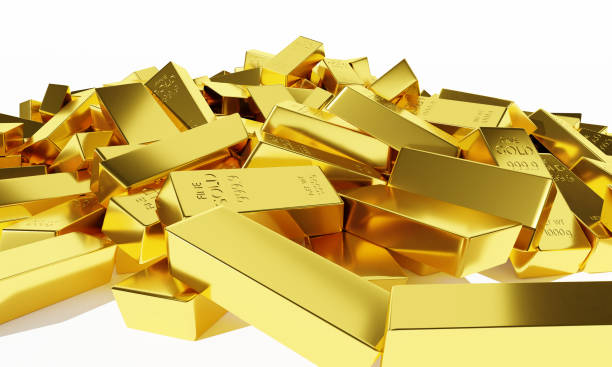 a large pile of gold bars 3D rendering background stock photo