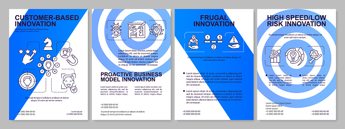 Future of innovation management aspects blue brochure template. Low risk. Leaflet design with linear icons. 4 vector layouts for presentation, annual reports. Arial, Myriad Pro-Regular fonts used
