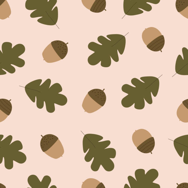 ilustrações de stock, clip art, desenhos animados e ícones de acorn and oak leaf hand drawn vector illustration. autumn vibes seamless pattern. - oak leaf oak tree acorn season