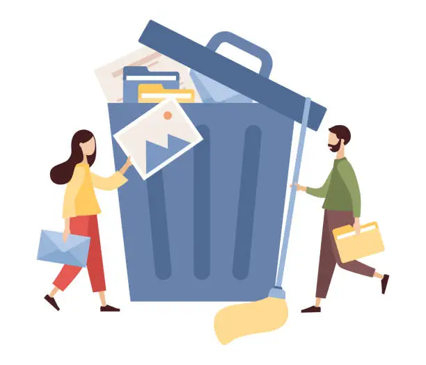 Vector illustration of Delete concept. Cleaning digital memory. People deleting file and move unnecessary files to big trash bin. Vector flat illustration