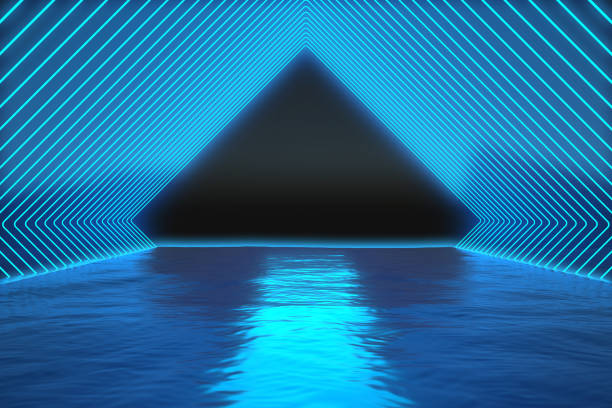 corridor of blue neon lines over the water. 3d rendering